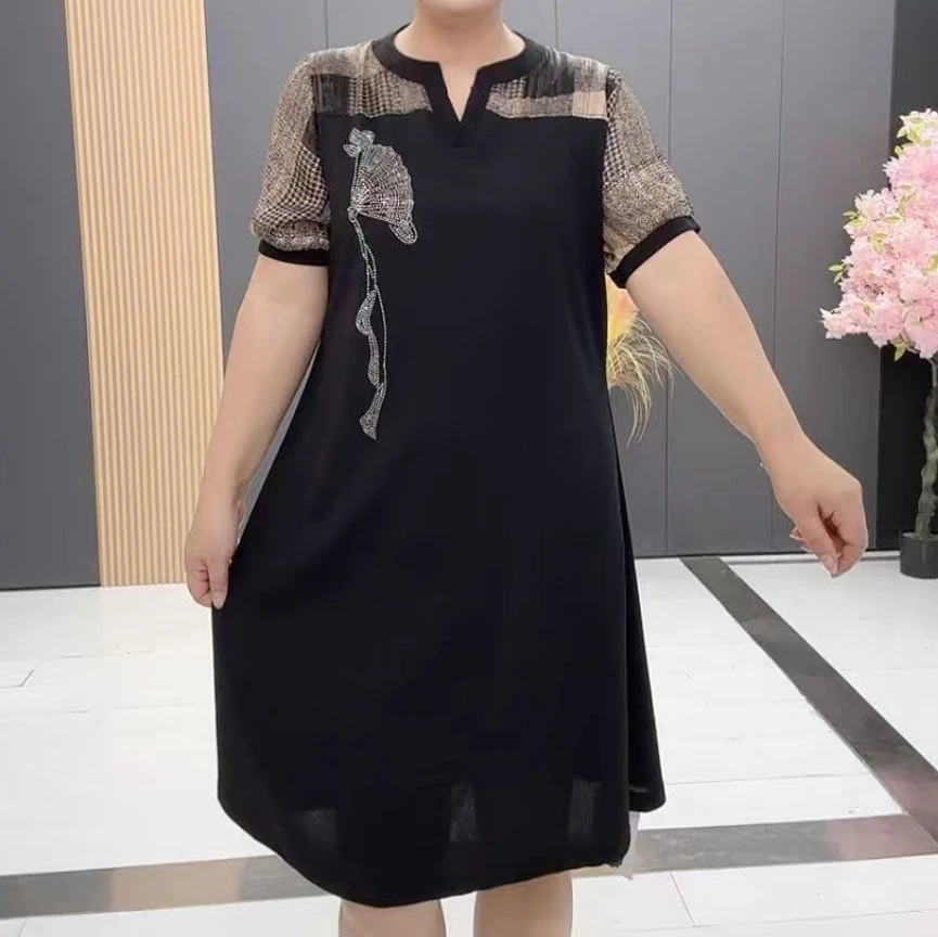 梦梦家89161款时尚洋气休闲百搭圆领拼接钻半袖连衣裙