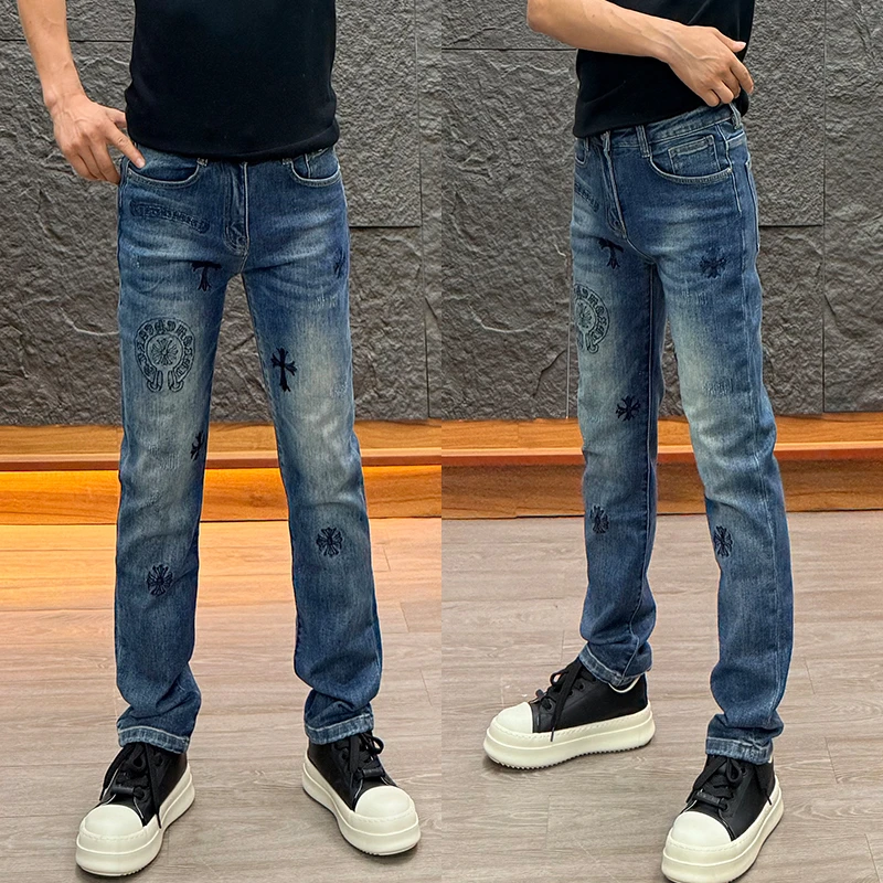 2025秋冬新款男士直筒牛仔裤时尚休闲裤百搭重工刺绣美式宽松男裤