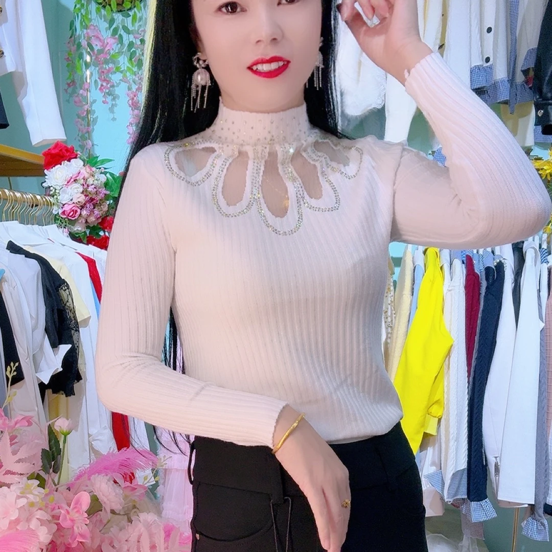 针织修身女长袖镂空百搭毛针织衫时尚网红保暖毛衣