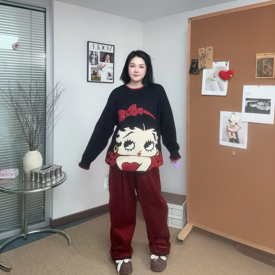 OoofYang 黑色发卡绣花绵羊绒毛衣内搭女冬季宽松显瘦毛线上衣