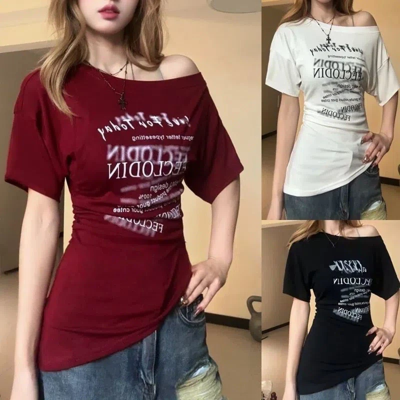 短袖美式辣妹T恤2025斜肩夏季新款设计感不规则显瘦修身印花上衣
