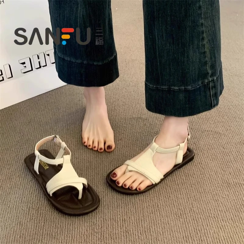 三福夹脚凉鞋女款2025新款配裙子休闲度假沙滩鞋小众设计罗马凉鞋