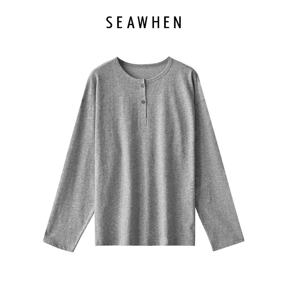 SEAWHEN【海维恩】春季新款宽松圆领亨利领休闲极简显瘦大版T恤女
