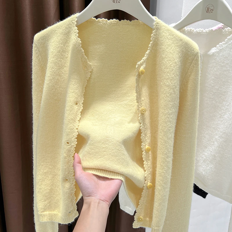 黄色小圆领单排扣针织开衫女秋季新款配连衣裙外搭气质高档外套