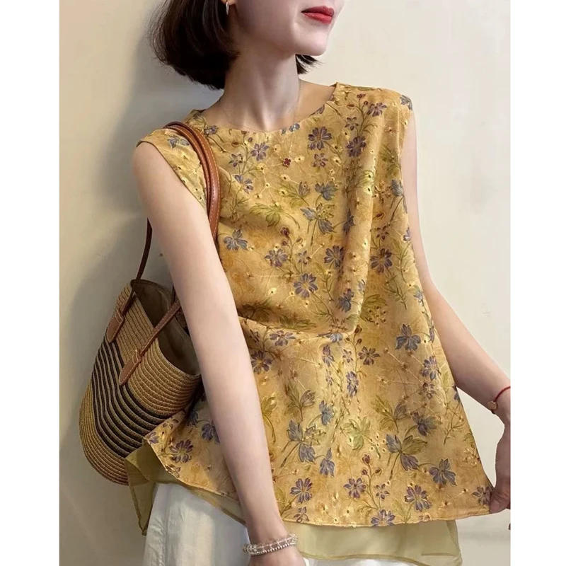 新中式刺绣提花背心 2025夏新款国风假两件马甲百搭无袖T恤 843-1