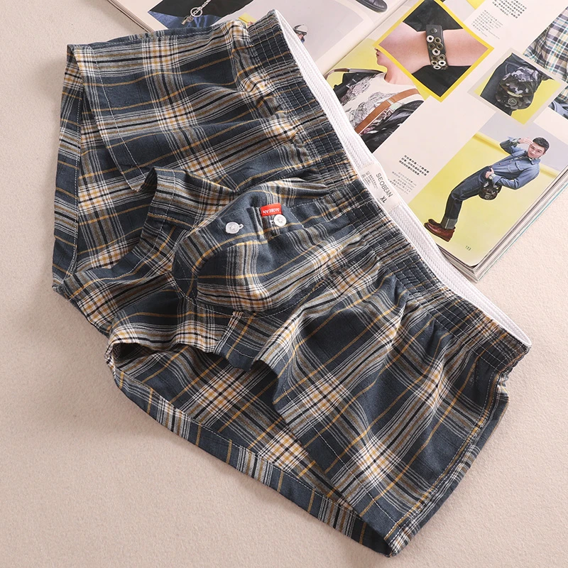 贾鲁萨加高端时尚秋季男士纯棉舒适透气性感格子纽扣平角内裤