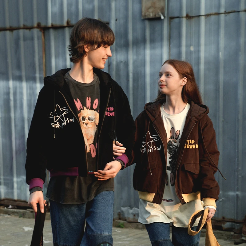 TIPSEVEN 原创设计复古撞色刺绣连帽夹克保暖夹棉外套美式秋冬新