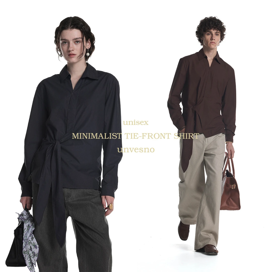 Unvesno(UN)老钱色织白纱做旧交叉系带多穿结构收腰廓形长袖衬衫