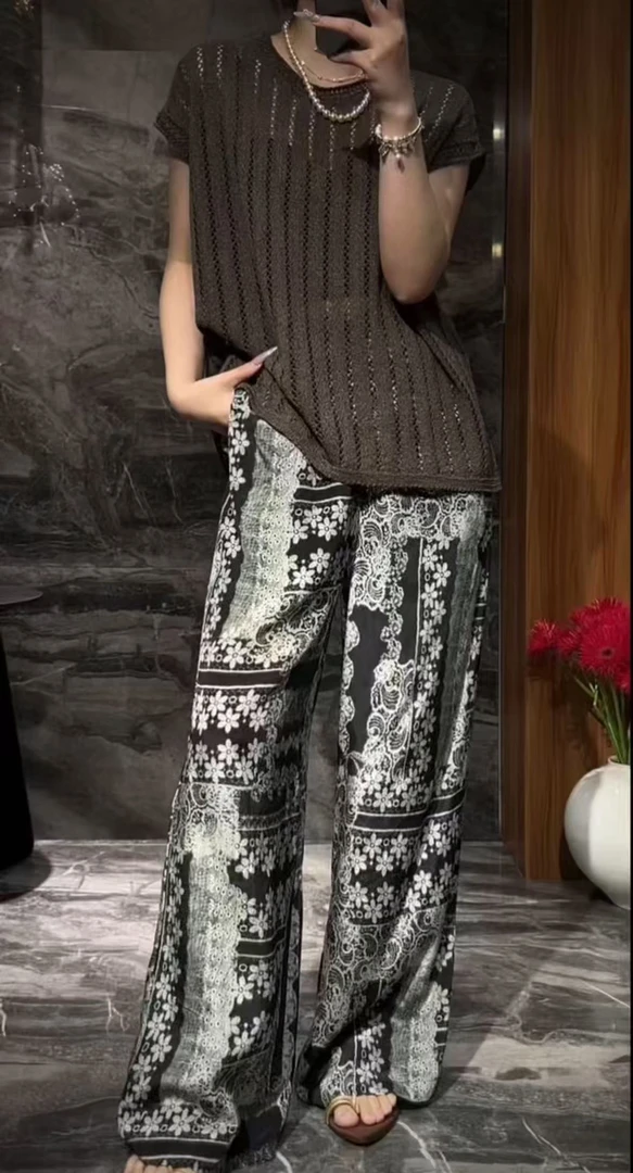 高货~100%人丝香云纱 勿机洗!L腰68-102长105松紧腰碎花长裤 1243