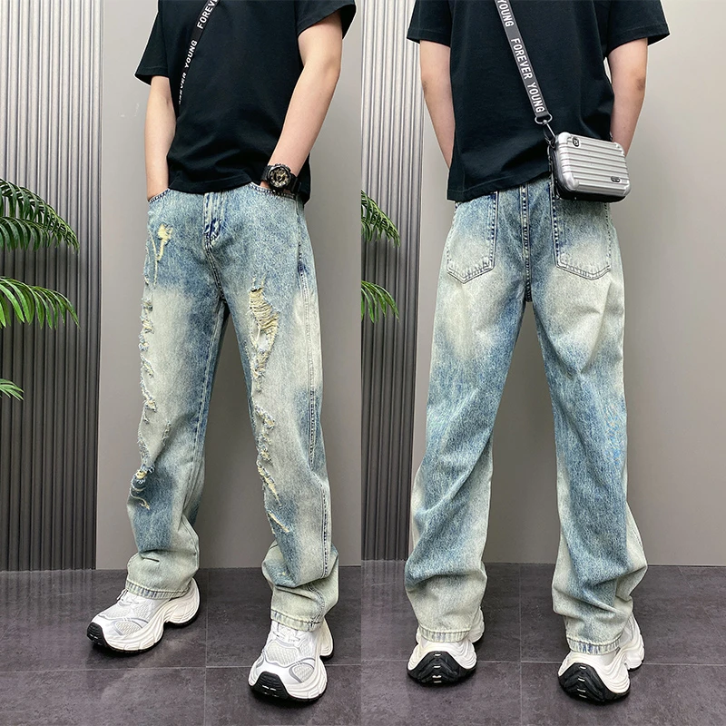 2025年秋季新款潮流韩版痞帅蓝色水洗破洞青年男士休闲牛仔裤子男