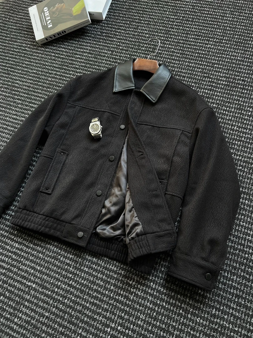 复古棕调秋冬男士休闲时尚外套撞色翻领绒感秋冬款新款外套