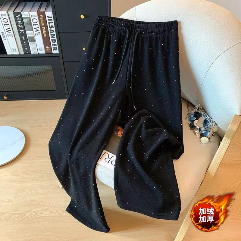 时尚加绒加厚亮闪阔腿裤2025秋冬新款高腰显瘦休闲裤针织糯米裤女