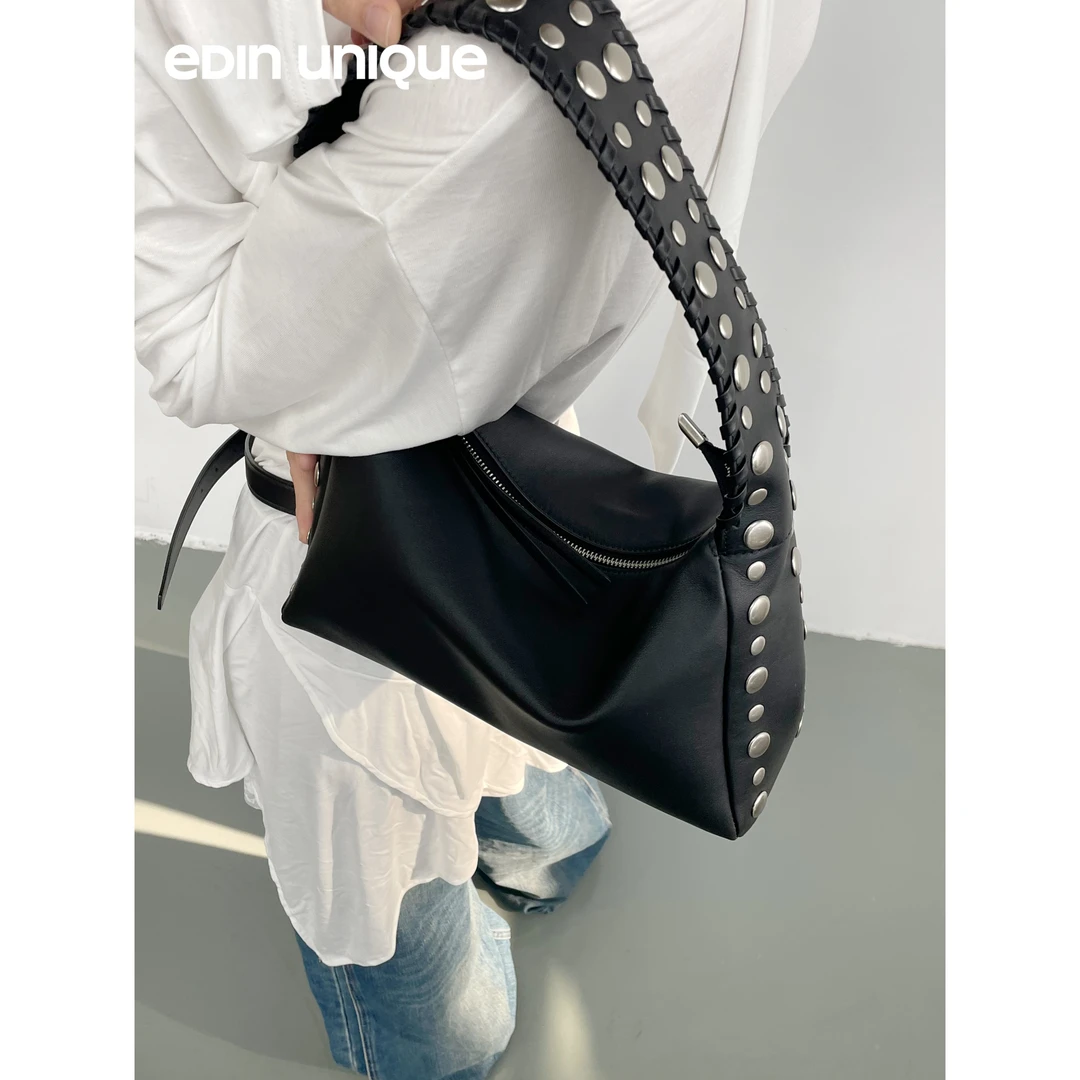 一丁小众设计牛皮腋下包方形包质感铆钉机车酷飒时尚个性单肩包潮