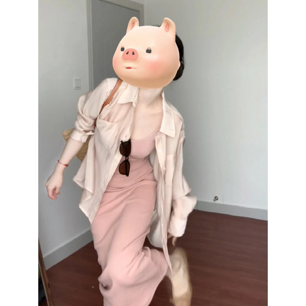 法式小香风粉色包臀吊带连衣裙两件套外搭防晒开衫高级感套装春季