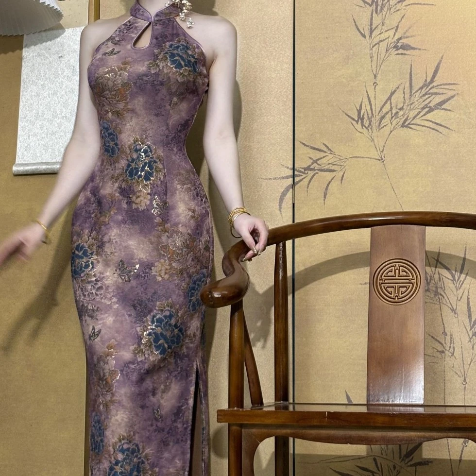 超仙旗袍紫妃连衣裙原创自制春款新中式国风风情水滴领烫金花朵