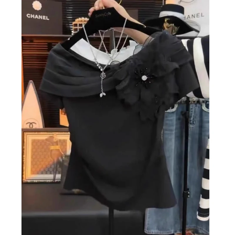 黑白法式一字肩2025夏季欧货钉珠立体花朵百搭独特上衣T恤 9901