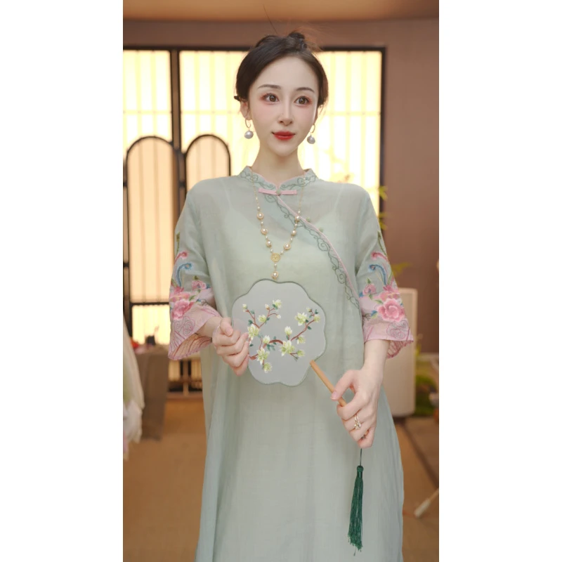 2025新中式改良中式斜襟春夏季女装宽松连衣裙FB2504176