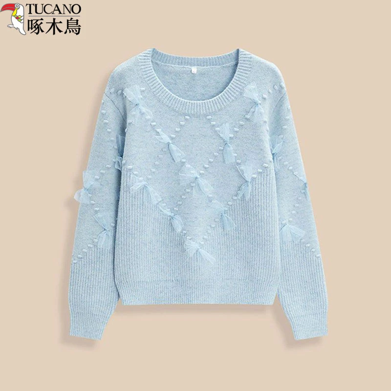 啄木鸟秋冬新款针织衫女款网纱蝴蝶结蓝色设计感洋气针织打底衫