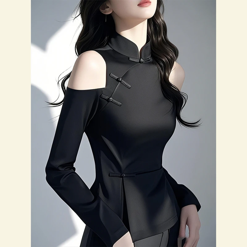 新中式国风改良唐装设计感小众别致黑色盘扣露肩修身长袖T恤女秋