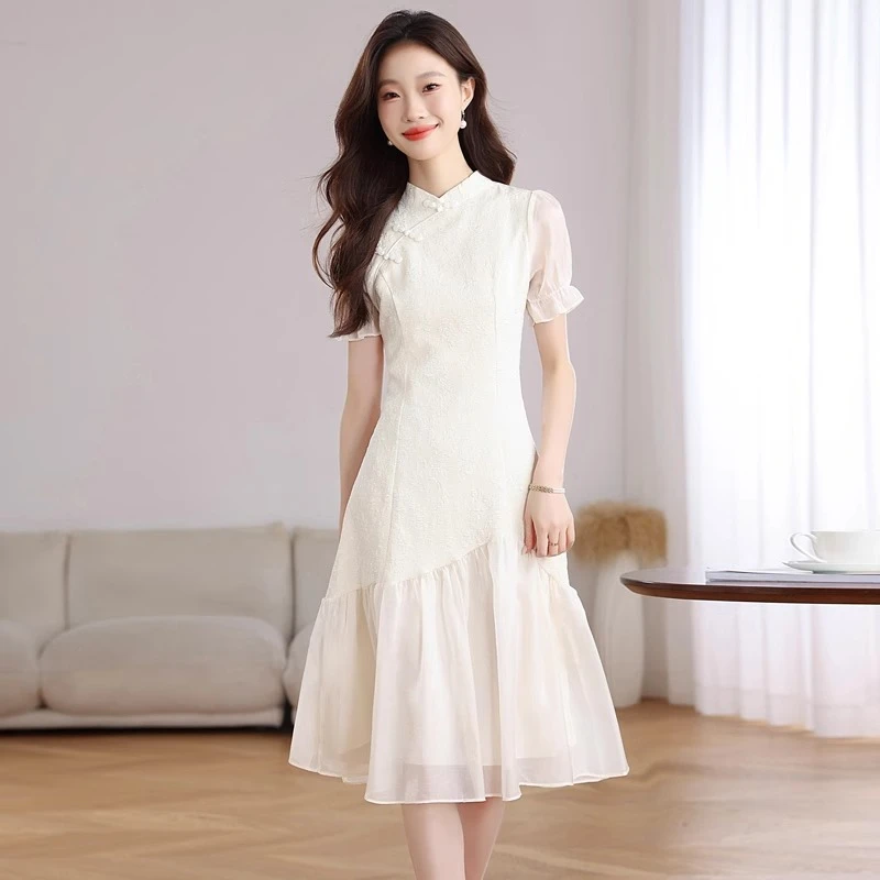 拉夏贝尔国风改良旗袍连衣裙女2025夏季气质拼接设计感新中式裙子