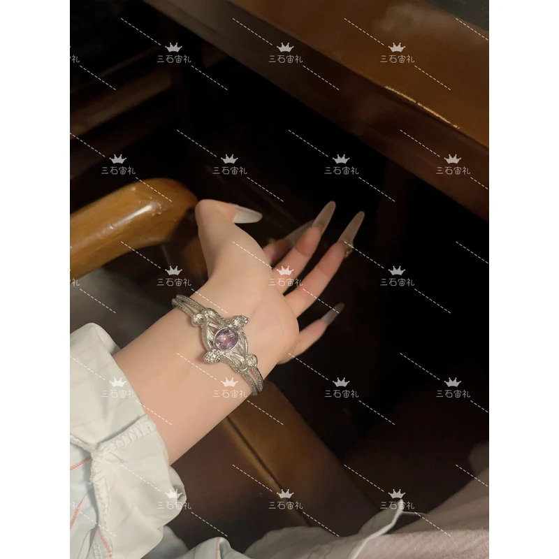 天然粉水晶手镯女小众ins个性设计感双层甜酷开口