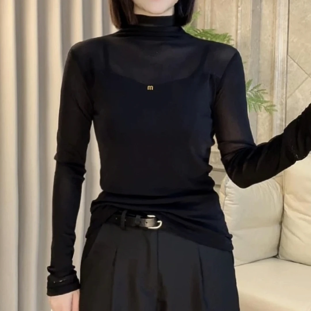 洋气网纱打底衫女2025秋季新款韩版时尚半高领长袖百搭显瘦上衣潮