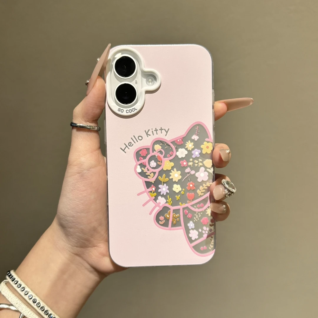 镂空碎花KT猫适用苹果情侣手机壳16pro15华为70vivo彩银oppo硬壳