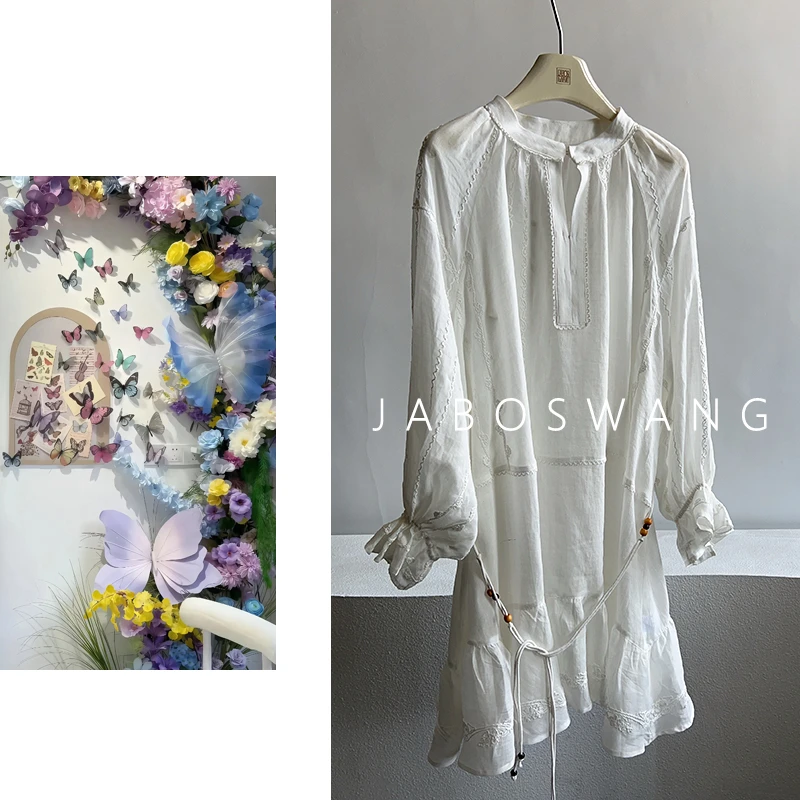 S1344白藤连衣裙甜美风白色长袖收腰连衣裙新款百搭气质