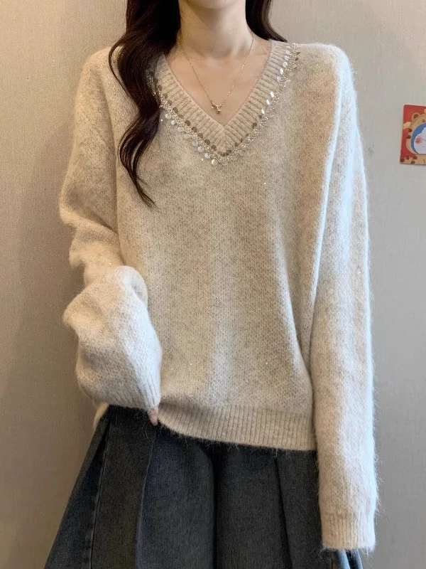 独特亮片V领长袖毛衣秋季2025新款大码女装胖mm宽松慵懒针织上衣