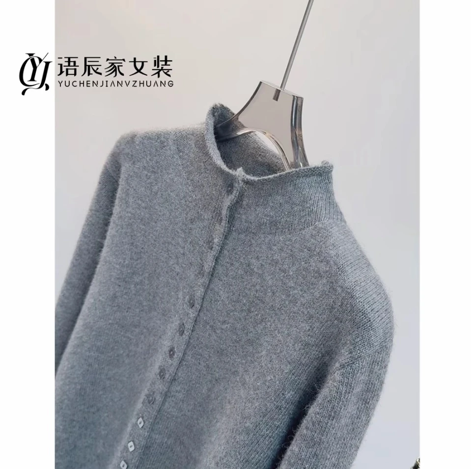 B1477 蜜熊绒#~高定版  半高领毛衣打底衫女宽松纽扣针织衫