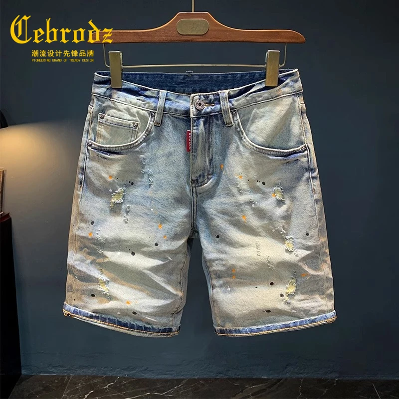 法国Cebrodz男漆点破洞短裤夏季弹力男士中裤复古水洗五分牛仔裤