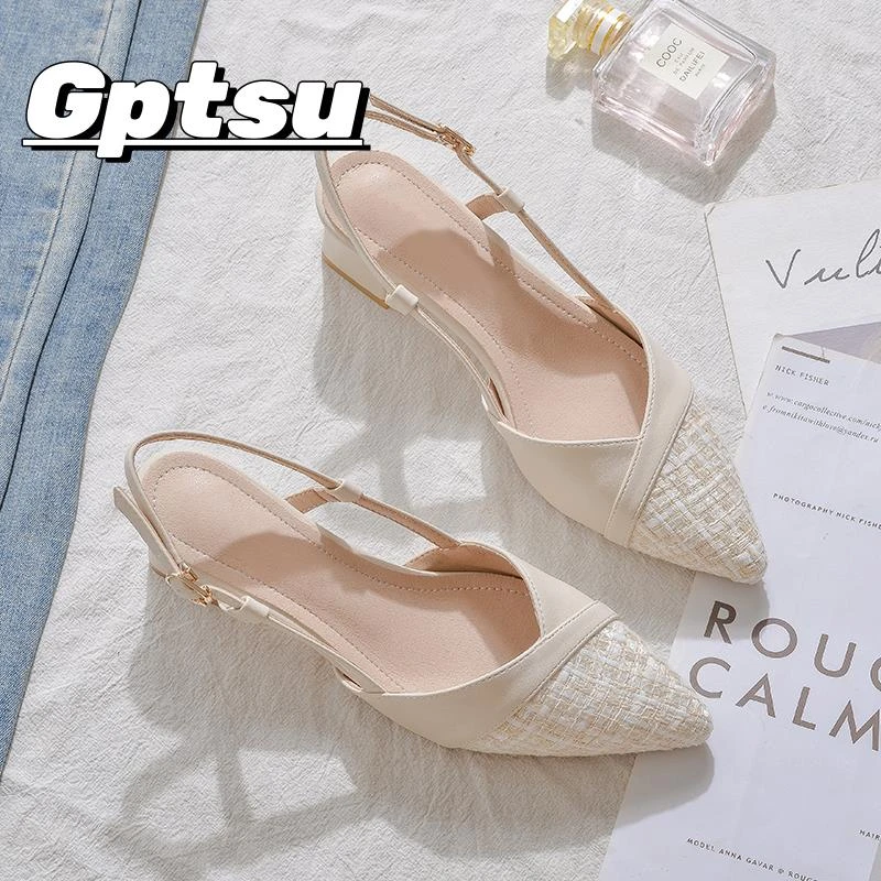 GPTSu低跟单鞋女2025夏季新款一字扣带后空凉鞋包头高跟鞋女粗跟
