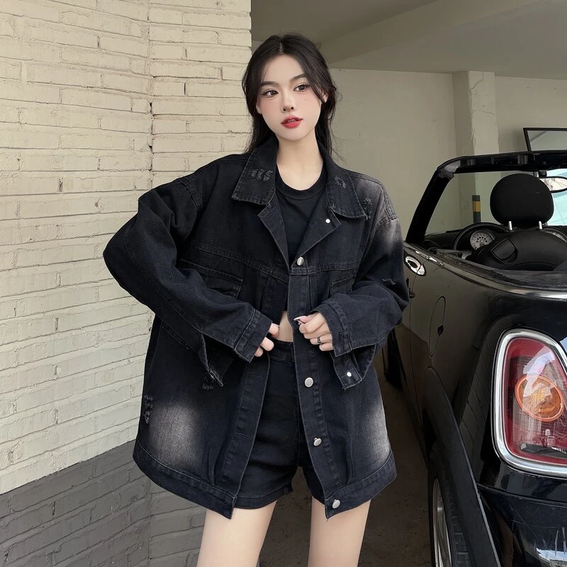 美式复古黑色牛仔外套女春秋新款oversize磨破宽松休闲夹克上衣潮