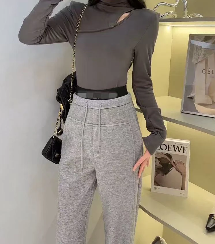 2024冬季新款镂空高领打底衫垫肩长袖T恤女时尚内搭上衣 3190