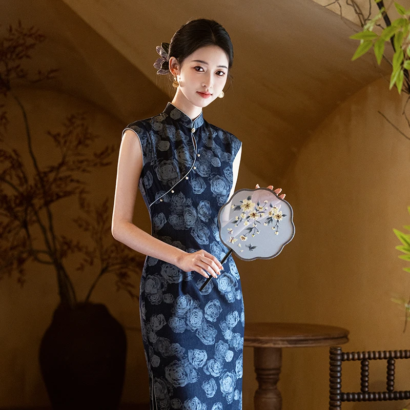 中式蓝色团花改良无袖民国风学生长旗袍初夏年轻款女气质日常印花