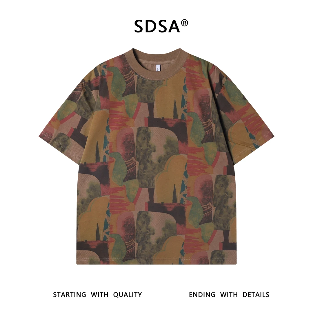 夏季高级感新款潮牌设计师撞色抽象圆领短袖T恤宽松街头男士上衣