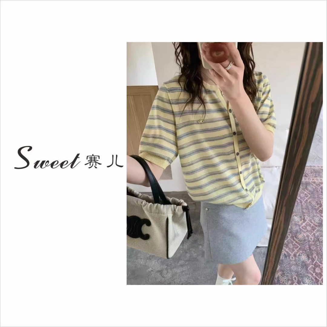 【赛儿专属】｛2722｝夏季韩系百搭薄款条纹针织短袖