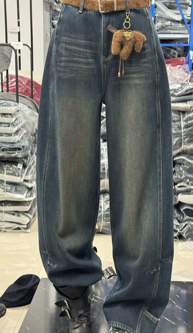 81625#冬季新款时尚高腰双口袋加绒加厚百搭牛仔裤女宽松复古休闲