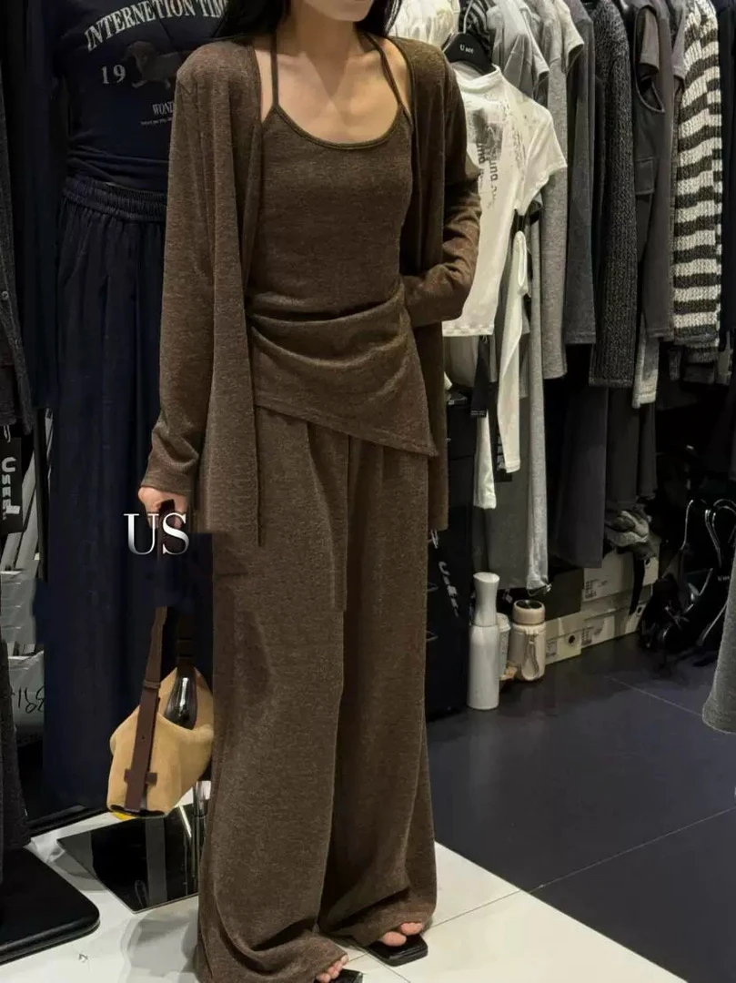 秋装慵懒风韩系可调节背心➕针织开衫➕高腰阔腿裤三件套