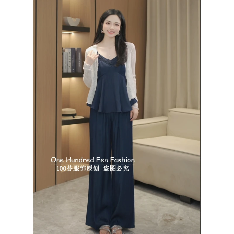 复古减龄洋气吊带上衣阔腿裤外穿小众清新过膝森女百搭女