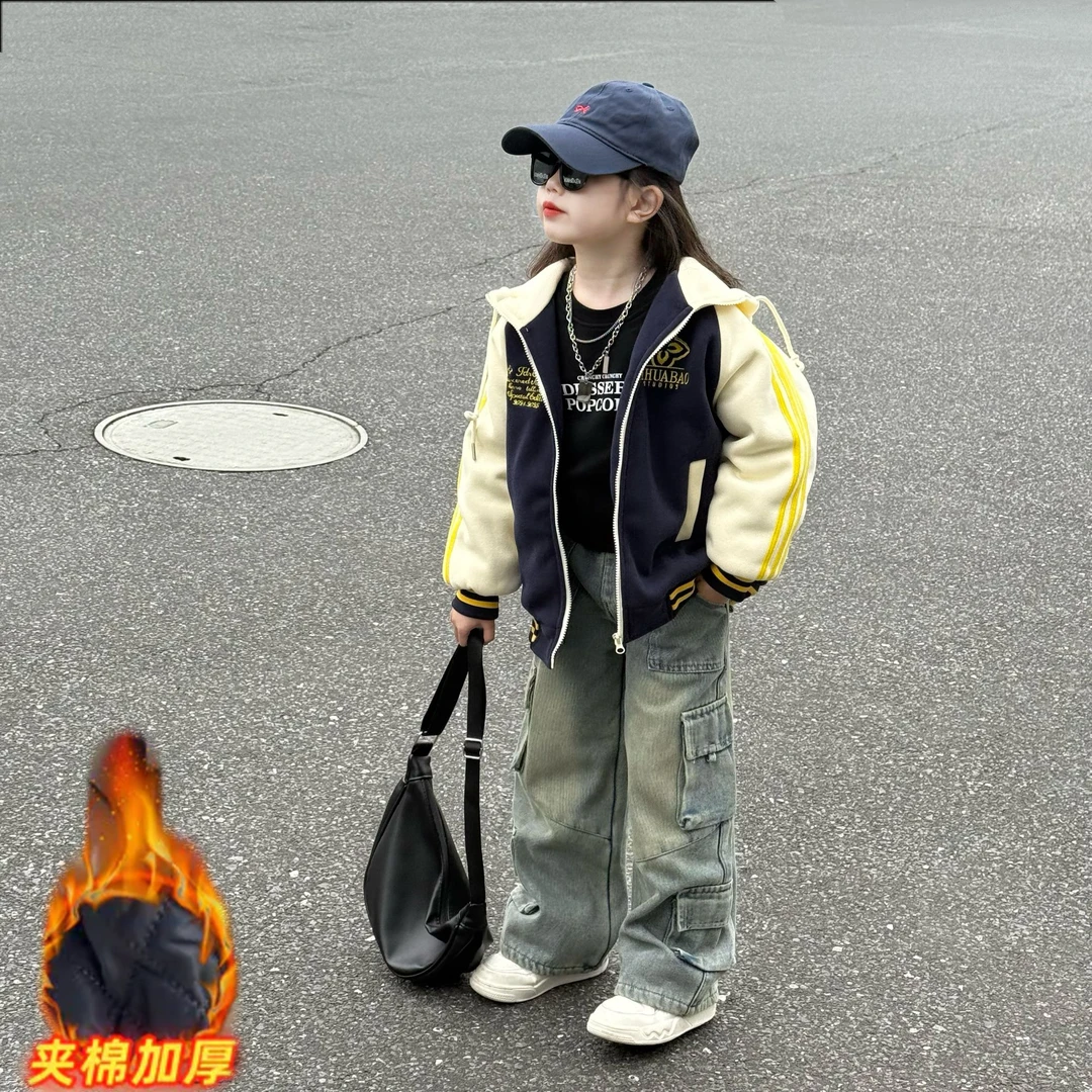 女童秋冬季夹棉加厚绣花棒球服外套中大童潮酷加绒牛仔裤阔腿裤潮