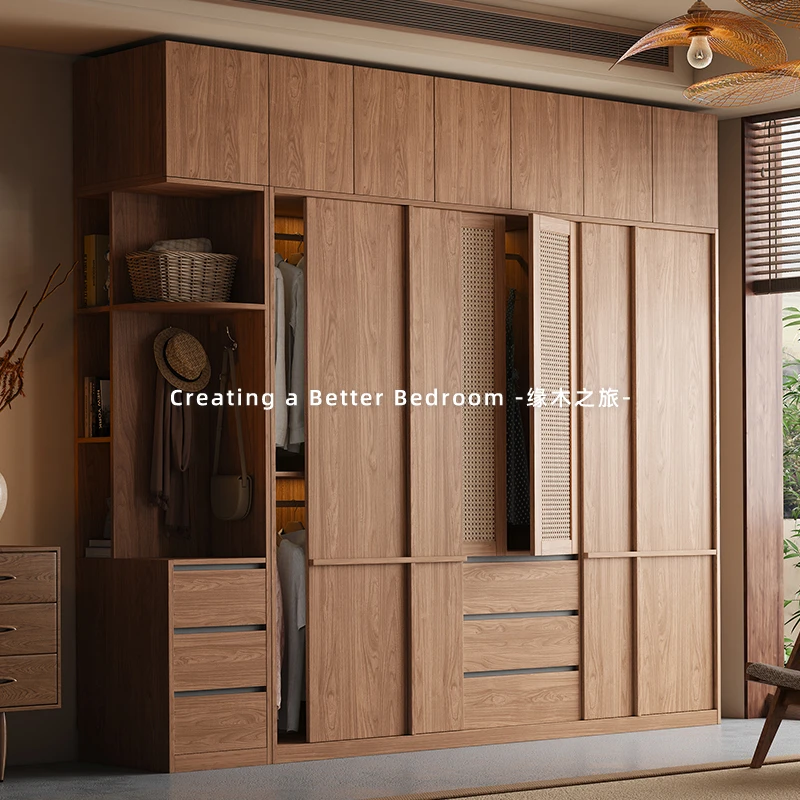 新款推拉门衣柜卧室中古风藤编门高档衣服收纳柜成品骨骼线大衣橱