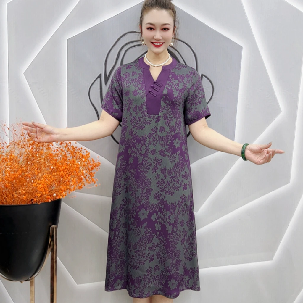 2508 新式盘扣撞色V领繁花海棠中老年妈妈裙