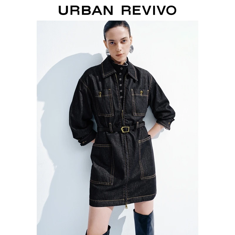 【HOT】UR2025秋季新款女装休闲明线腰带牛仔连衣裙UWU850019
