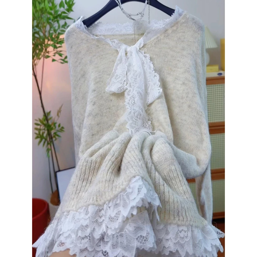 十三行法式温柔风蕾丝拼接宽松针织衫女秋冬季慵懒风时尚长袖毛衣