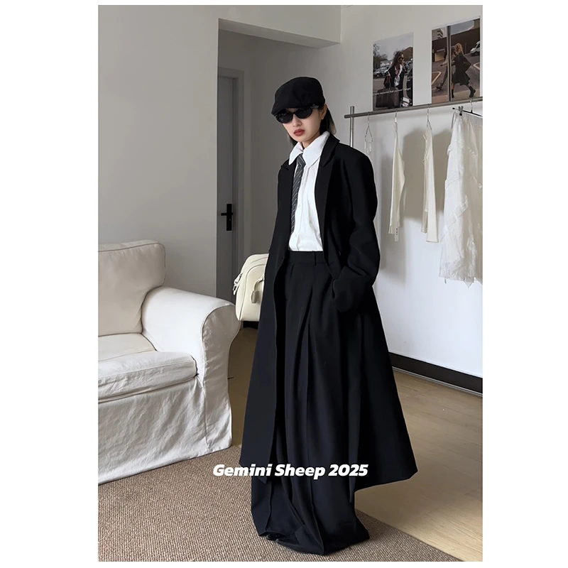 黑色西装大衣女春秋季新款高级感宽松显瘦长款过膝休闲西服外套