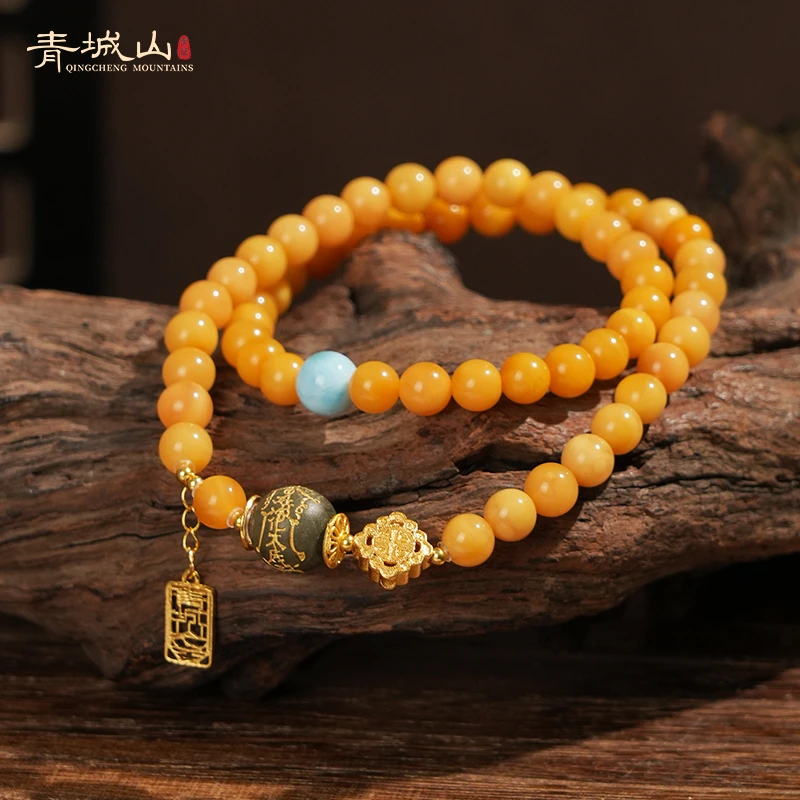 青城山天然蜜蜡手串原创设计女款双圈6mm手串百搭俄料花蜡手串