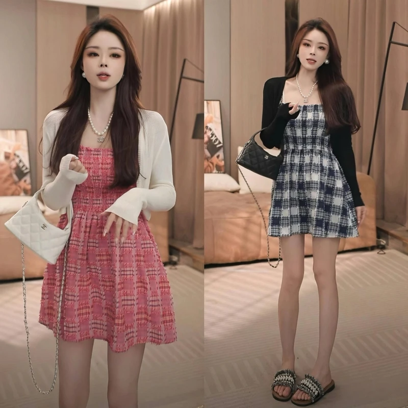 洋气休闲装2025夏季冰丝防晒长袖针织开衫百搭收腰吊带连衣裙套装