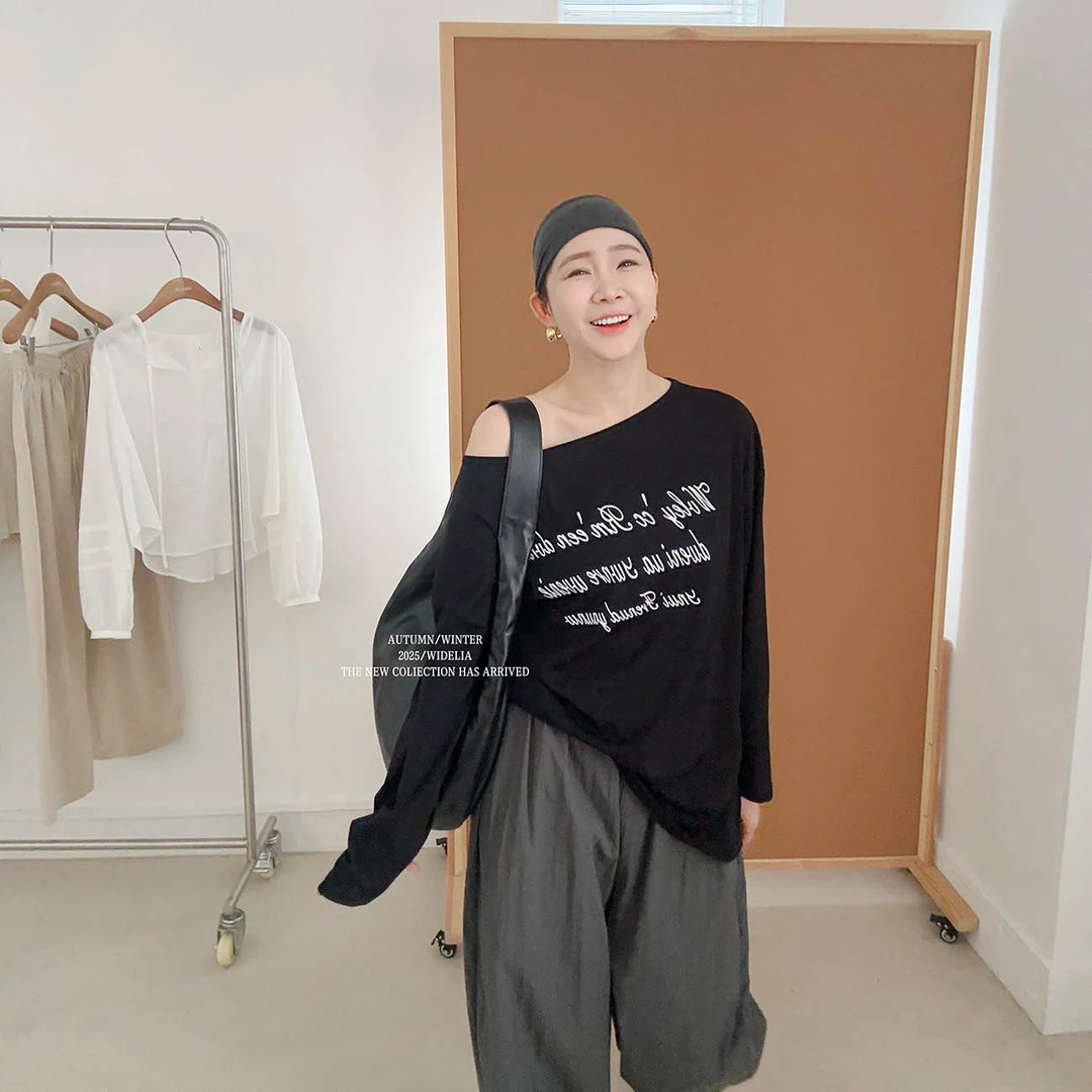 widelia夏款韩版7355慵懒风通勤街头遮肉百搭个性宽松斜肩印花T恤