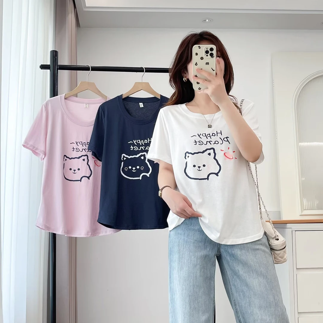 YueBeiLa/月贝拉大码百搭圆领印花宽松短袖T恤卡通夏季半袖女式